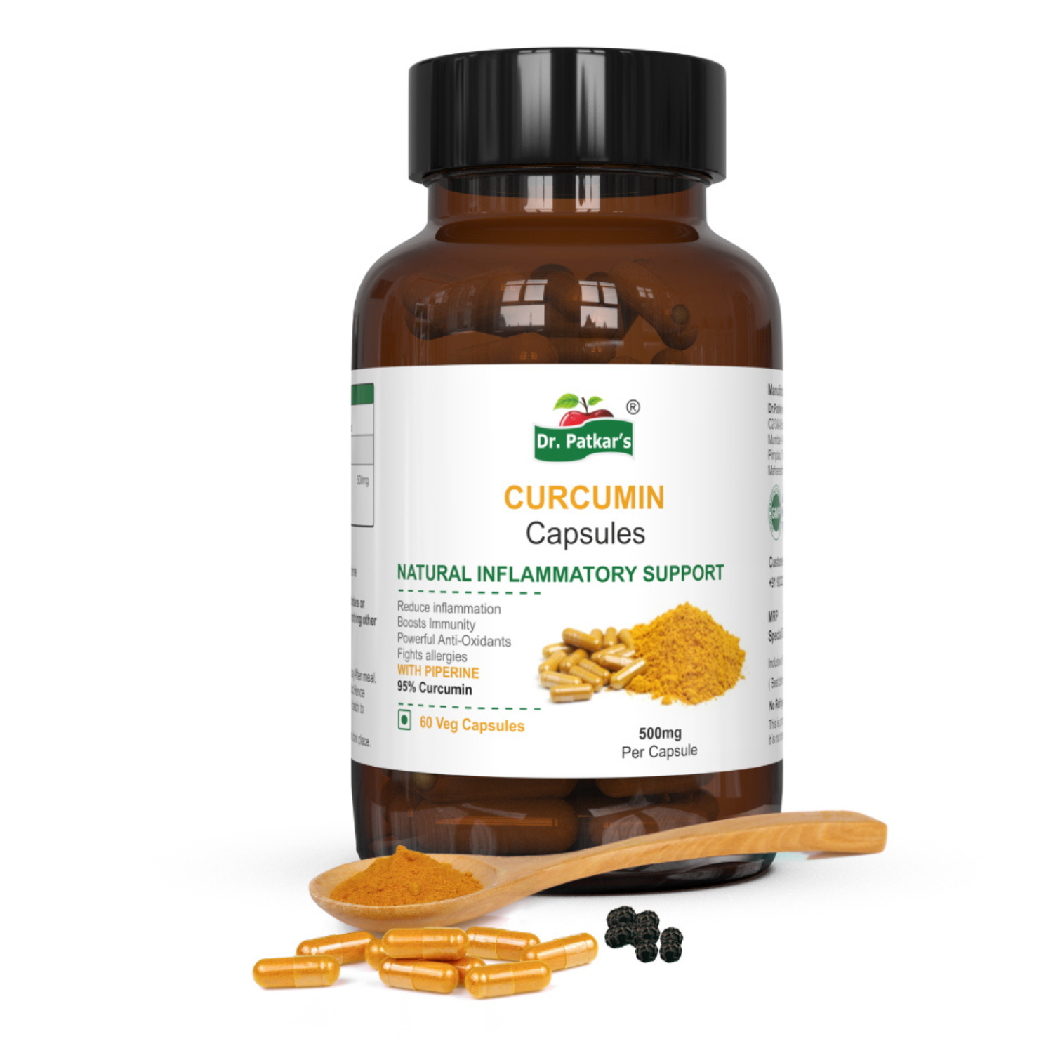 Dr.Patkar’s Curcumin Capsules with Bioperine | 95% Curcuminoids Supplements For Better Absorption | Good For Skin & Joint pains | Immunity Booster |Anti-Inflammatory | 60 Vegetarian Capsules